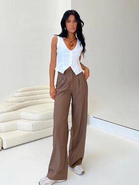 NWT Princess Polly Kylia Pants Brown High Waisted Wide Leg Pleated Trouser Sz 4